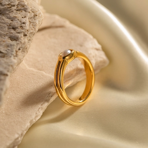 Anillo De Acero Inoxidable Chapado En Oro 18K De Doble Capa Con Perla Artificial Ovalada Joyas Geométricas Retro Elegantes Mujer