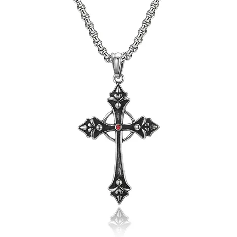 Vintage Gotische Kruis Hanger Ketting Roestvrij Staal Rode Steen Ingelegd Religieuze Sieraden Voor Heren Dames