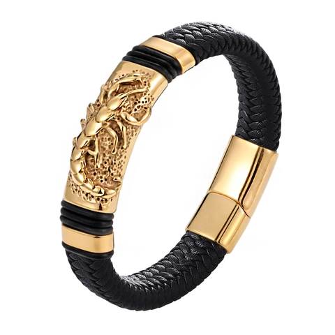 Men Woven Leather Bracelet With Stainless Steel Animal Charm Scorpion Skull Punk Vintage Biker Jewelry