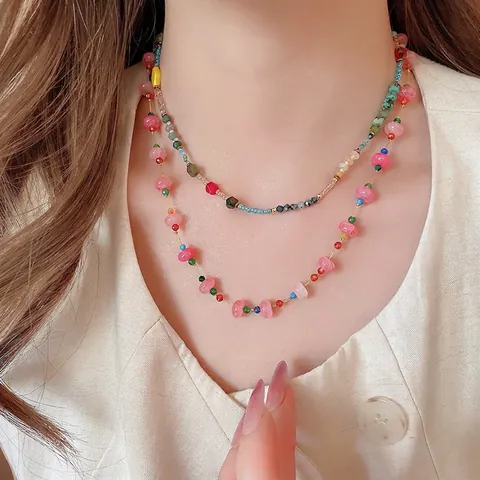 Colorful Beaded Necklace Stainless Steel Agate Glass Crystal Adjustable Clavicle Chain Sweet Fashion Jewelry For Women