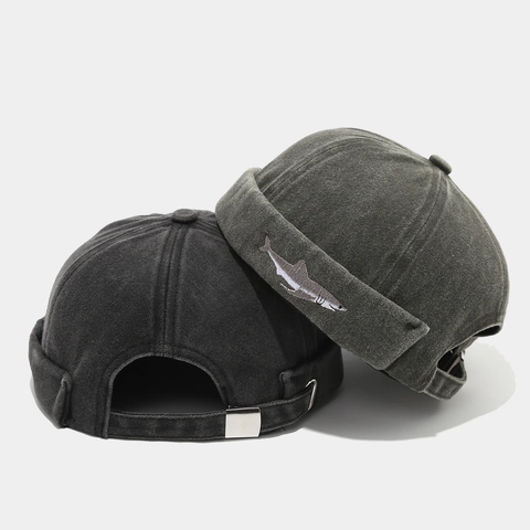 Bonnet Docker Vintage En Coton Lavé Sans Bord Broderie Requin Casquette Miki Réglable Streetwear