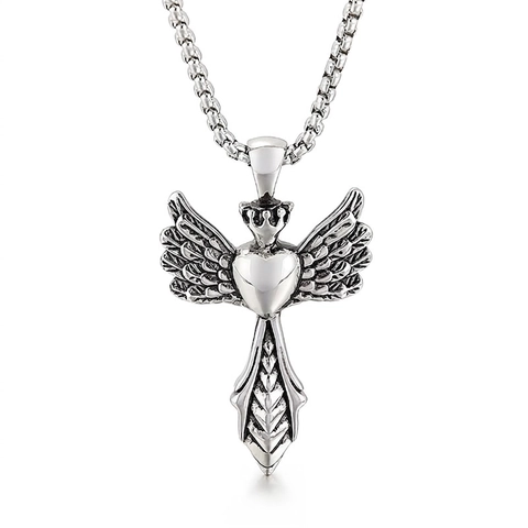 Pendentif Croix Cœur Ailes D'Ange Vintage Acier Inoxydable Style Punk Gothique Bijoux Charme Accessoire Pour Hommes