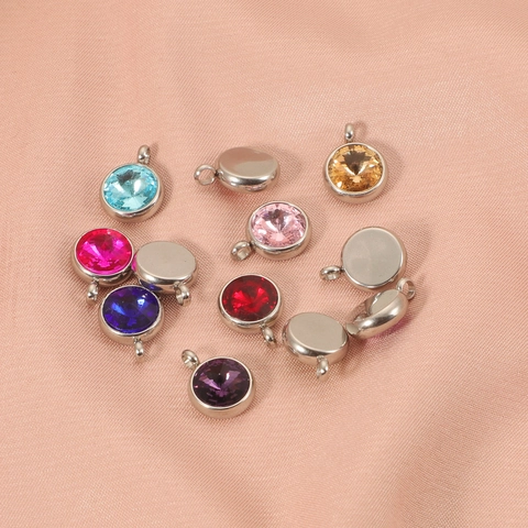 304 Stainless Steel Birthstone Pendant Round Crystal Charm For DIY Jewelry Making Necklace Bracelet Women Men Accessories