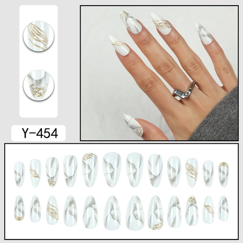 Elegant Marble Pattern Press On Nails Long Stiletto Artificial False Nails With Gold 3D Metal Lines For Women Fashionable
