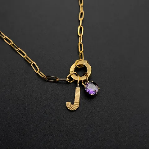 Roestvrij Stalen Alfabet Hanger Ketting Voor Vrouwen Paarse Strass Gegraveerde Letter Paperclip Ketting Goud Zilver Sieraden Cadeau