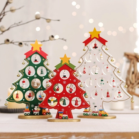 Miniature Wooden Christmas Tree Ornament Desktop Decor With Small Pendants And Train Base Nordic Style Holiday Party Gift