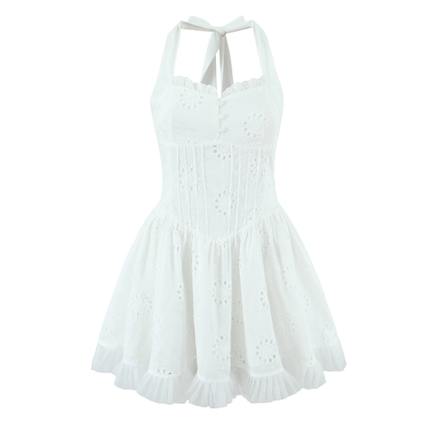 Weißes Halterneck Minikleid Mit Lochstickerei Rückenfrei Rüschensaum Sexy Ärmellos A-Linie Sommerkleid Für Damen