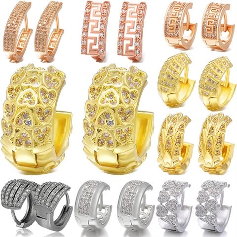 Boucles D'oreilles Huggie Hoop Cuivre Zirconia Micro Pave Géométrique Coeur Motif Grec Bijoux Mode Femmes