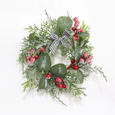 Corona Di Natale Anello Candela Pino Ghiacciato Eucalipto Bacche Rosse Fiocco A Quadri Decorazione Tavola Inverno
