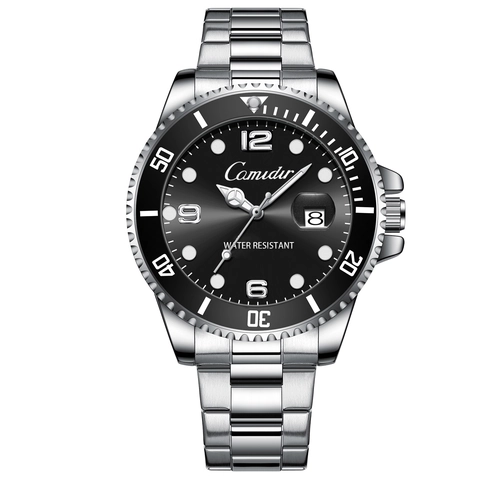 Men Quartz Watch Stainless Steel Strap Alloy Case Luminous Waterproof Calendar Date Window Diving Style Business Fashion