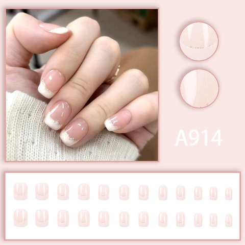 Unghie Finte Bianco Latte Francese Bordo Glitter Argento Quadrato Ovale Corto Unghie Artificiali Donna