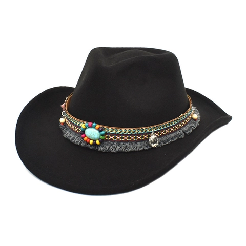 Western Cowboy Hat Wide Brim Cotton Polyester Bohemian Ethnic Bead Turquoise Tassel Fedora Vintage Outdoor Women Men