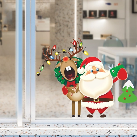 Christmas Wall Stickers Santa Claus Reindeer Tree Cartoon PVC Removable Window Glass Door Decals Holiday Home Decoration