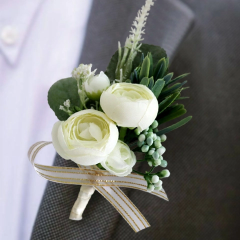 Boutonniere Per Matrimonio E Corsage Da Polso Rosa Bianca In Raso Artificiale Nastro Bordo Oro Fatto A Mano Per Sposo Sposa Gala