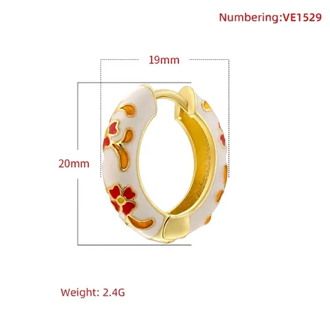Vintage Enamel Flower Hoop Earrings For Women Retro Copper Floral Pattern Colorful Elegant Hoop Earrings Daily Ear Jewelry