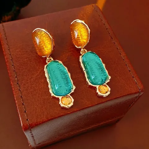 Vintage Geometric Dangle Earrings With Silver Earring Post Resin Alloy Contrast Color Bohemian Style For Women