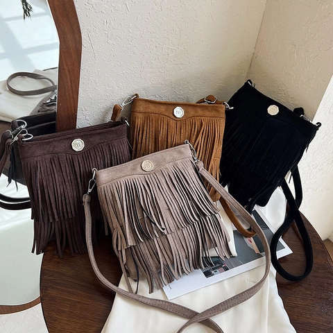 Dames Vintage Kwastjes Emmer Tas Wollen Suède Textuur Schoudertas Grote Capaciteit Boheems Straattrend Crossbody Tas
