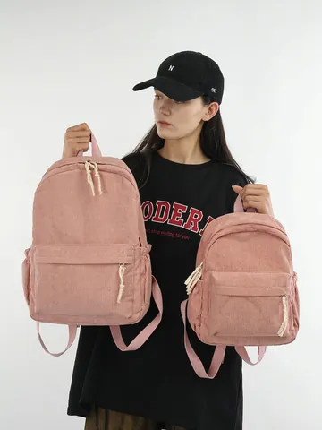 Corduroy Backpack Large Capacity Preppy Style Casual Outdoor School Bag Unisex Retro Solid Color Textural Bookbag