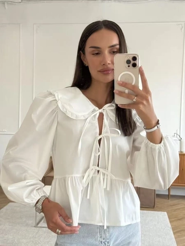 Damen Weiß Baumwollbluse Rüschenkragen Lange Puffärmel Vorne Schleife Französisch Süß Elegant Pendeln Hemd Oberteil