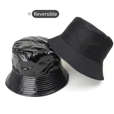 Shiny Patent Leather Bucket Hat Metallic Holographic Laser Reversible Sun Protection Fashion Fisherman Cap Men Women