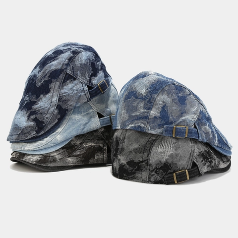 Retro Gewassen Denim Platte Pet Vintage Tie Dye Verstelbaar Katoenen Barett Voor Heren Dames