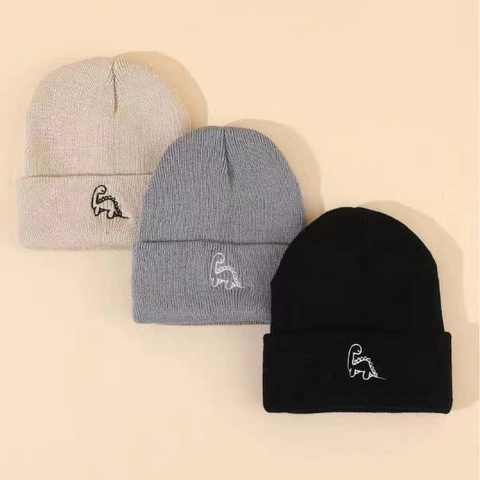 Dinosaur Embroidery Knitted Beanie Hat Acrylic Cuffed Ribbed Warm Casual Novelty For Boys Girls