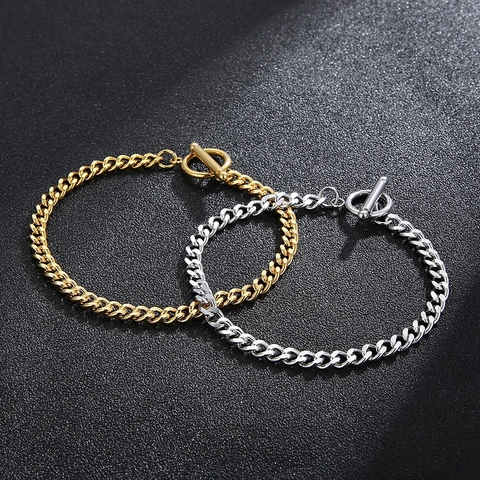 Polished Stainless Steel Cuban Link Bracelet With OT Buckle Toggle Clasp Trendy Minimalist Hand Jewelry Unisex