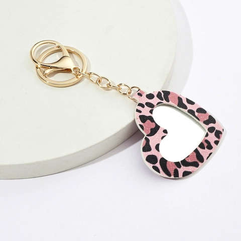 Llavero De Corazón Con Estampado De Leopardo De Cuero PU Con Espejo Anillo Dorado Espejo De Maquillaje Portátil Colgante De Bolso
