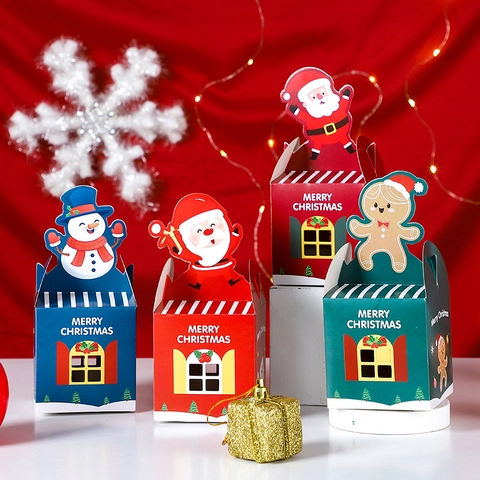 Christmas Gift Packaging Boxes Cardboard Portable Handle Ribbon Cartoon Santa Elk For Holiday Party Favors