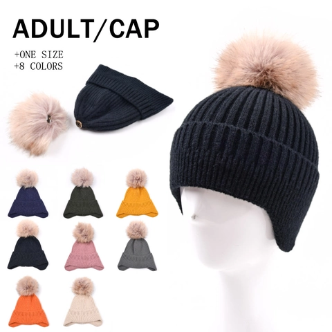 Berretto In Maglia Invernale Con Pompon In Pelliccia Sintetica Rimovibile Protezione Orecchie Caldo Esterno Adulto Unisex