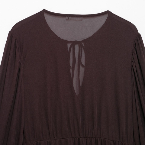 Women Mini Dress Polyester Chiffon Long Sleeve Round Neck Tie Up Layered Ruffle Trim High Waist Holiday Elegant Vintage