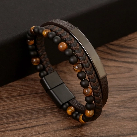 Bracciale Multistrato In Pelle Intrecciata Perline In Pietra Naturale Chiusura Magnetica In Acciaio Inossidabile Uomo
