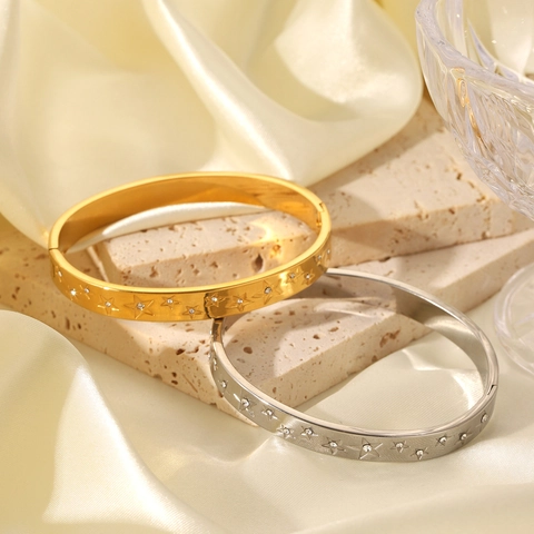 Bracciale Rigido Stella Incisa Acciaio Inossidabile Classico Chiusura Cerniera Gioielli Moda