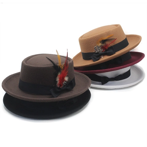 Cappello Fedora Pork Pie Retrò In Feltro Di Lana A Cima Piatta Con Fiocco Di Nastro E Piuma Decorativa Stile Vintage