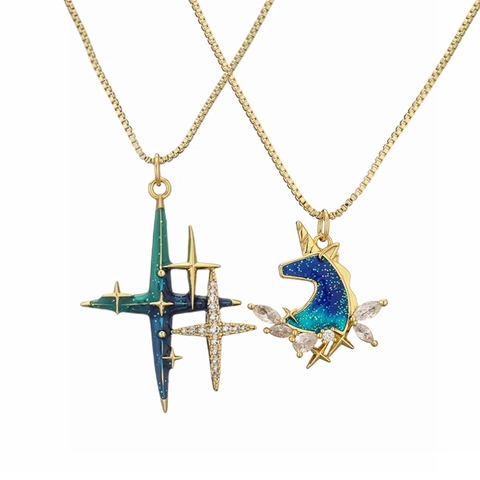 Collar Con Colgante Celestial Cobre Esmalte Circón Astronauta Planeta Estrella Unicornio Joyería Mujer