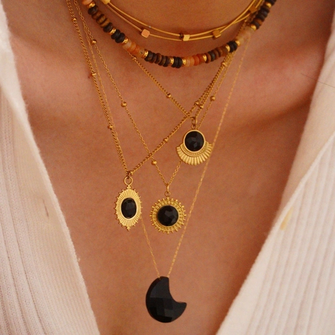 Schwarzer Achat Anhänger Halskette Edelstahl 14K Vergoldet Geometrische Mond Sonne Vintage Boho Schmuck Für Damen