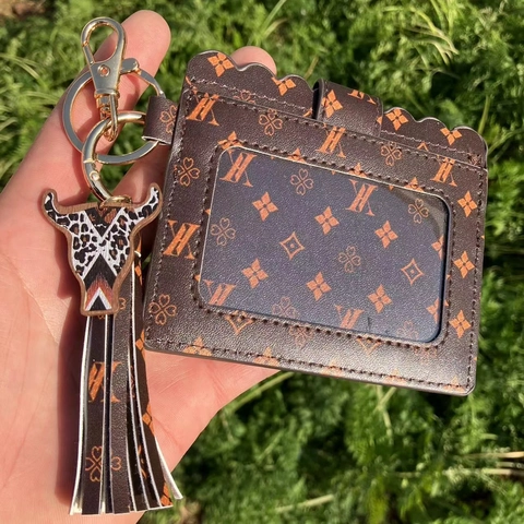 Women Card Holder Keychain PU Leather Tassel Bull Head Charm ID Window Slim Wallet Leopard Snake Print Western Style