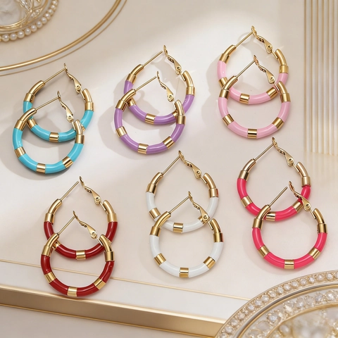 Segmented Colorful Enamel Hoop Earrings Titanium Steel Geometric Round Modern Jewelry With Stainless Steel Earring Post