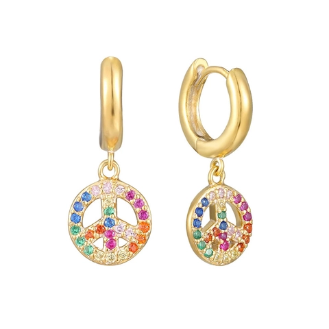 925 Sterling Silber Stift Kupfer Regenbogen Friedenszeichen Ohrhänger Mit Buntem Zirkonia Eingelegt Geometrischer Schmuck Für Damen