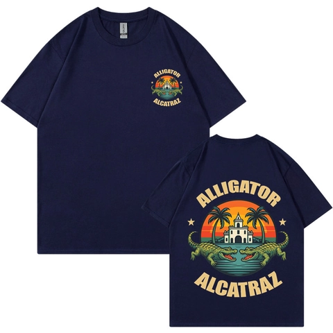 Men Cotton Short Sleeve T-Shirt Vintage Alligator Alcatraz Graphic Print Retro Crew Neck Casual Loose Streetwear Tee