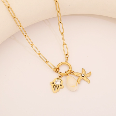 Collar Colgante De Acero Inoxidable Chapado En Oro Cadena De Clip Tortuga De Mar Estrella De Mar Concha Circón Mujer