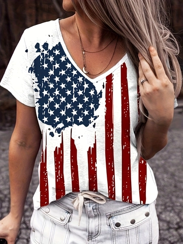 Women T-Shirt Short Sleeve V-Neck Polyester Spandex American Flag Distressed Print Casual Summer Loose Streetwear Top