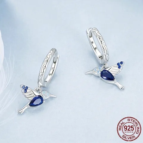 Hummingbird Hoop Earrings 925 Sterling Silver With Blue Cubic Zirconia And Nano Opal Tiny Animal Jewelry For Women