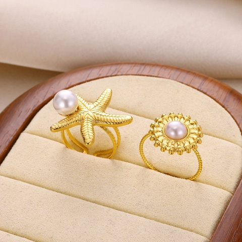 Edelstahlringe Mit Kunstperlen Seestern Sonnenblume Ozean Sommer Strand Verstellbares Offenes Band Für Damen Modeschmuck