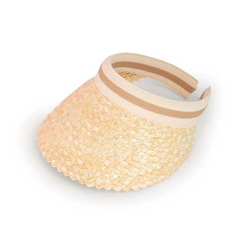 Beige Damen Stroh Sonnenblende Hut Mit Breiter Krempe Sommer Strand UV-Schutz Atmungsaktiv Gestreiftes Gummiband