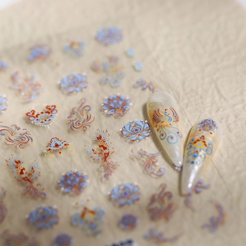 Nagelkunst Aufkleber Ultradünne Selbstklebende Abziehbilder Chinesische Traditionelle Phönix Glückswolken Blumenmuster Maniküre