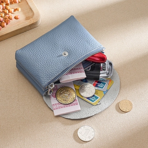 Coin Purse Wallet Real Cowhide Leather Pebble Grain Snap Button Zipper Pocket Mini Compact Card Key Holder Women