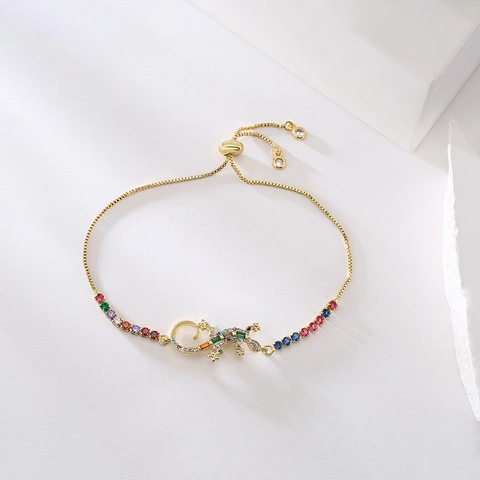 Adjustable Slider Bracelet Copper Gold Plated Colorful Zircon Gecko Dolphin Ballet Dancer Charm Jewelry For Women