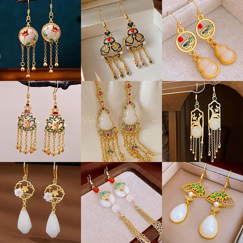 Orecchini Pendenti Stile Cinese Vintage Nappa Donne Rame Smalto Imitazione Giada E Silver Earring Post