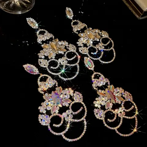 Exaggerated Flower Drop Chandelier Earrings With Rhinestone Silver Earring Post Luxury Banquet Jewelry For Women